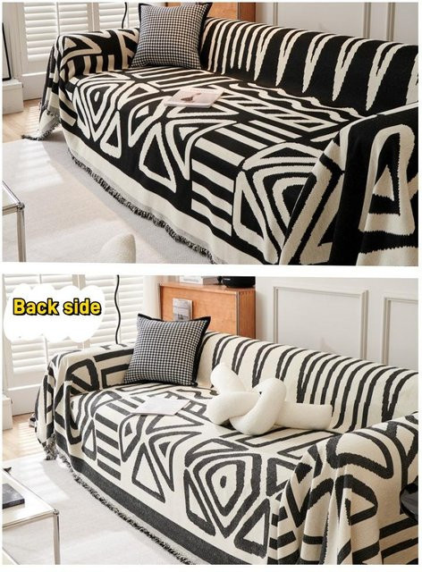 Chenille-Sofatuch im Boho-Stil mit Quasten, doppelseitig, grau, B/B: 180 x 90 cm - Bild 1