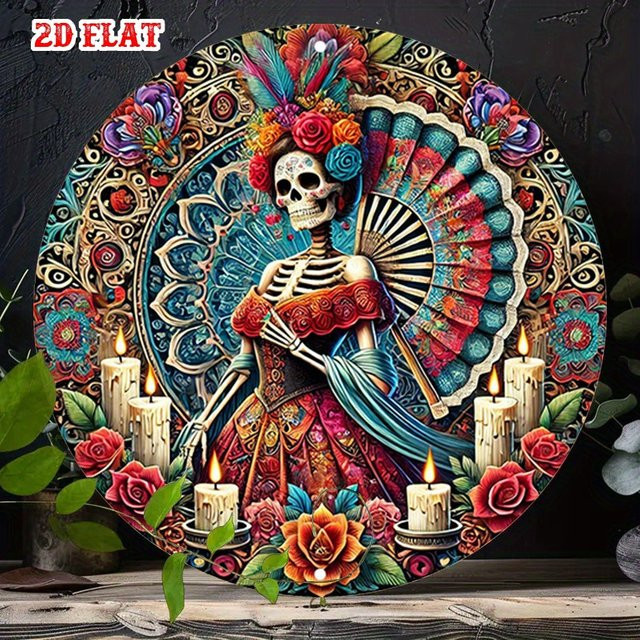 Rundes Aluminiumschild Potdemiel mit mexikanischem Skelett-Motiv und Blumenmuster, bunt, Durchmesser: 20 cm - Bild 1