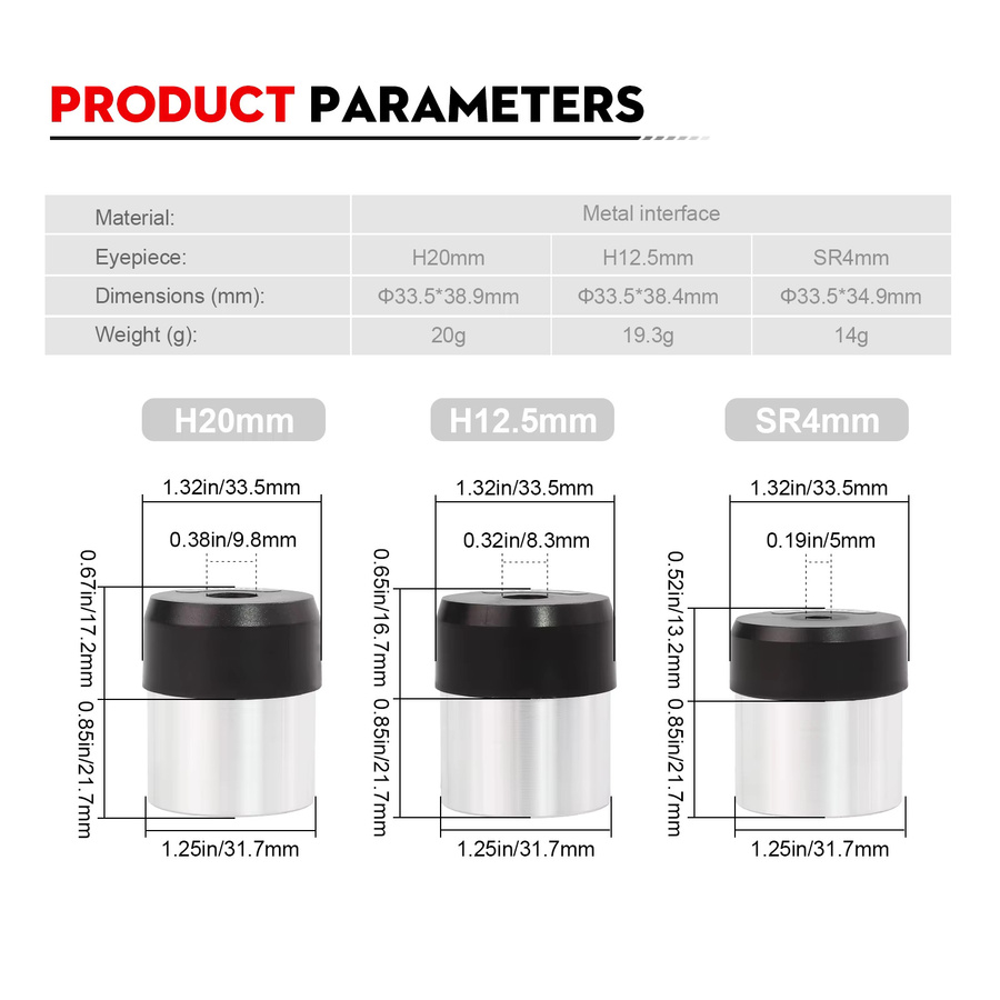 Datyson Hochleistungs-Teleskopokularzubehör SR4mm H12,5mm H20mm W5P9923DEF 1,25 Zoll - Bild 2