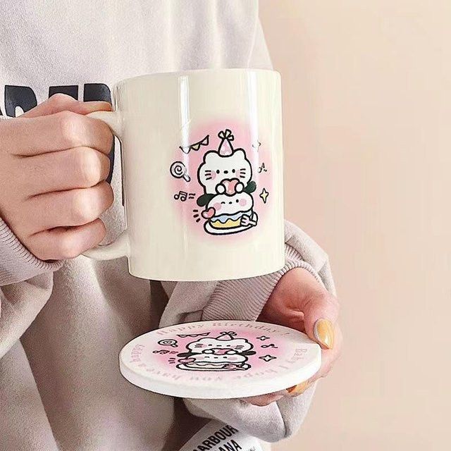 Yiran toy 1 Cartoon-Becher aus Keramik mit buntem Katzenmotiv in Weiß, 350,5 ml - Bild 1