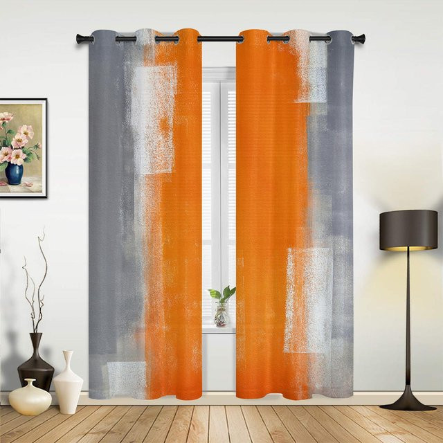 Yiran Furniture Vorhänge mit abstraktem Ölgemälde-Design, Orange, semi-transparent, B: 70 cm, H: 100 cm, 2er-Set - Bild 1