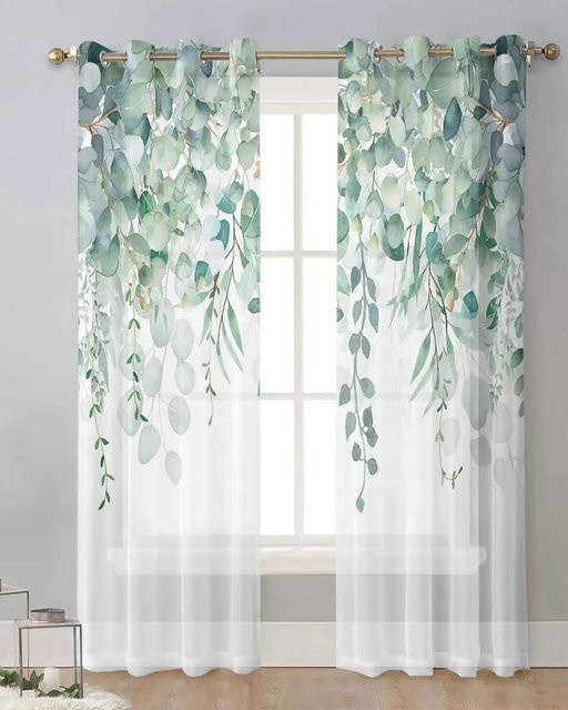 Yiran Furniture Transparente Voile-Gardinen mit Eukalyptus-Blattmuster, Chiffon-Vorhänge für Wohnzimmer und Schlafzimmer, 2er-Set, Farbe: Weiß, Breite: 50 cm, Höhe: 130 cm - Bild 1