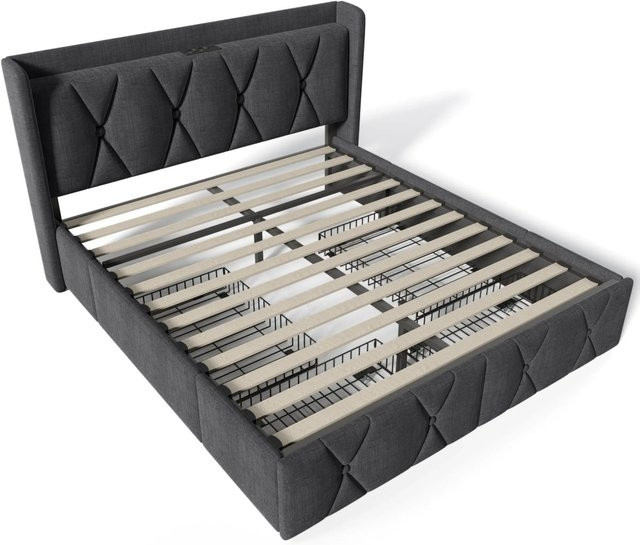 okwish Polsterbett mit USB-Kopfteil und Schubladen in Grau, B/T/H: 140 x 200 x 116 cm - Bild 1