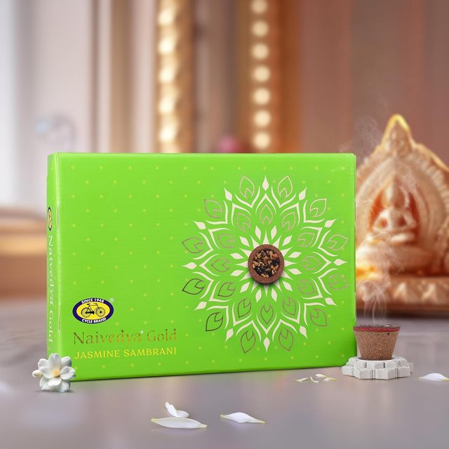 Cycle Pure Naivedya Gold Sambrani Jasmin Dhoop-Becher mit Halter, 18 Stück, holzkohlefrei, floraler Duft, grün - Bild 1