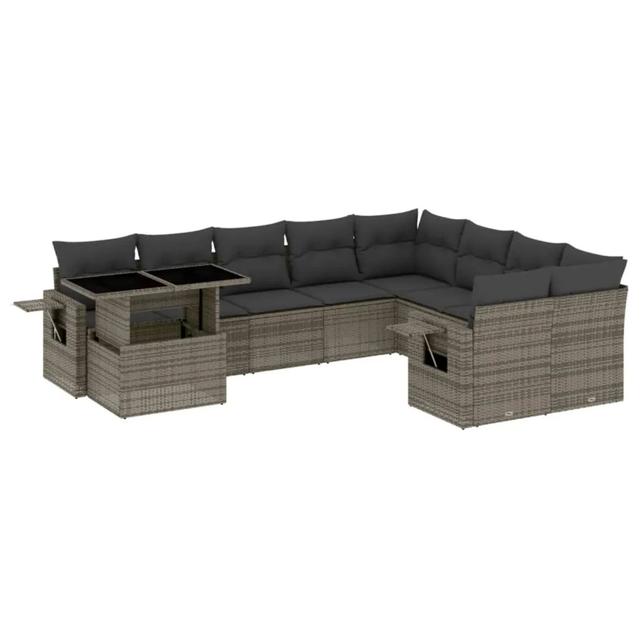 vidaXL 10-tlg. Garten-Sofagarnitur in L-Form aus grauem Poly-Rattan mit Kissen und Armlehnen - Bild 2