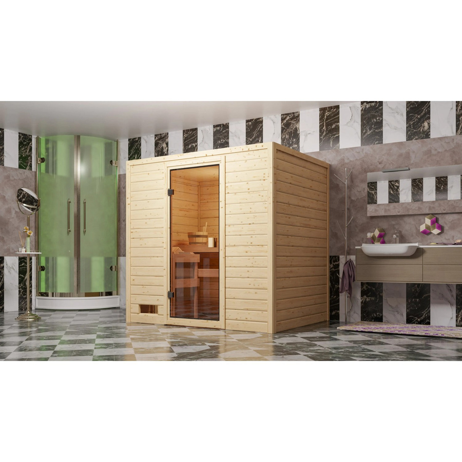Woodfeeling Massivholzsauna Selena aus Fichte mit 9 kW Ofen, integrierter Steuerung und bronzierter Glastür, Farbe Braun/Bronze, B/T/H: 195 x 145 x 187 cm - Bild 2