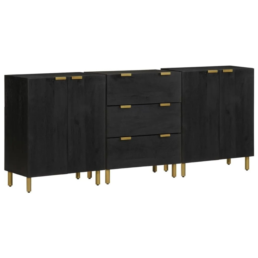 vidaXL Sideboard 3-teilig Schwarz aus Mango-Massivholz und Holzwerkstoff mit Messing-Details B/T/H: 180 x 40 x 75 cm - Bild 2
