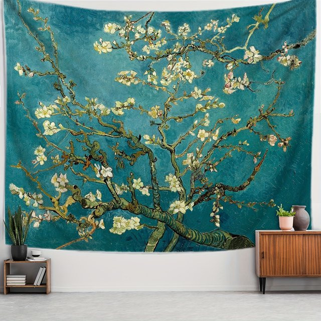 VIKAMA Wandteppich Aprikosenblüten im Van Gogh Stil, Vintage Ölgemälde Wanddekoration mit weißen Blumen, B/H: 40 x 60 cm - Bild 1