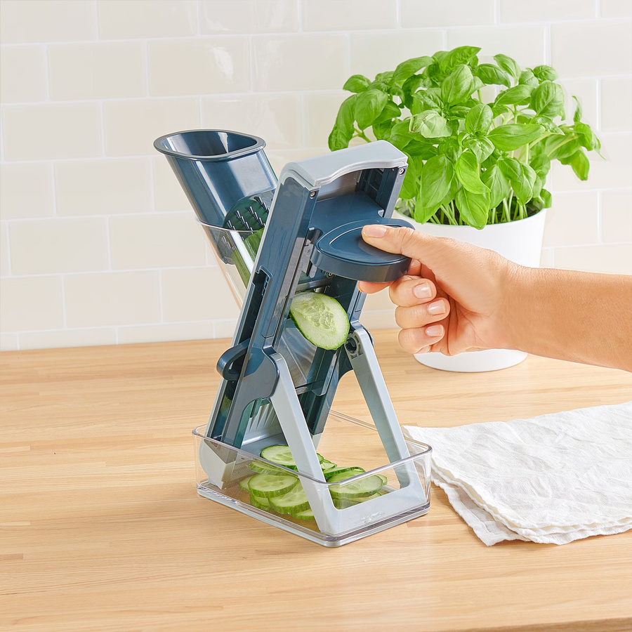 Genialo Mandoline Vertikalhobel Push, 6-teilig, transparent blau grau mit Behälter - Bild 2