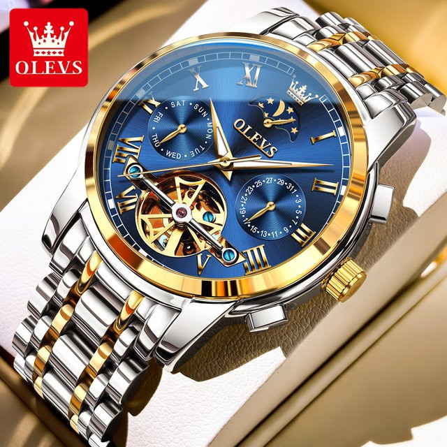 OLEVS Armbanduhr Automatik, Edelstahl, Blau, Herren, Mondphase, Datum - Bild 1