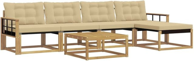 vidaXL Outdoor-Sofagarnitur aus Akazienholz in L-Form, 6-teiliges Set mit Polstern und Couchtisch, Weiß und Beige, B/T/H: 79 x 79 x 37 cm - Bild 1