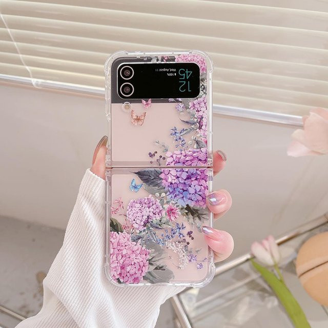 Jitschmni Schmetterlingsarmband Silikon Hülle für Samsung Galaxy Z Flip 6 5 4 3, Transparent mit Blumenmuster, Weiß - Bild 1