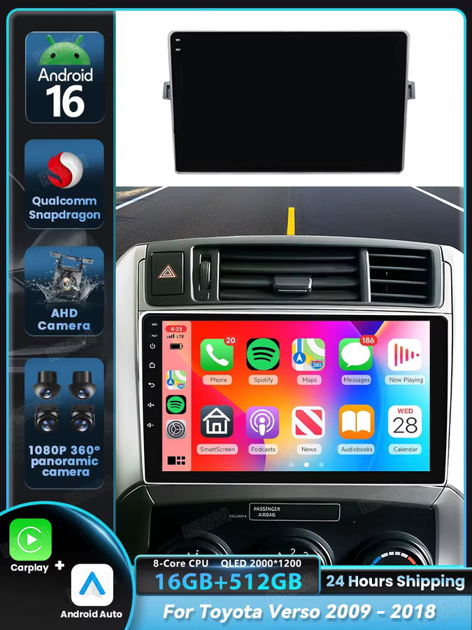 RSNAVI Android 16 Autoradio Navigations-Multimedia-Player für Toyota Verso 2009 bis 2018 mit Qualcomm Snapdragon Prozessor, Carplay und DSP Stereo in Schwarz - Bild 5