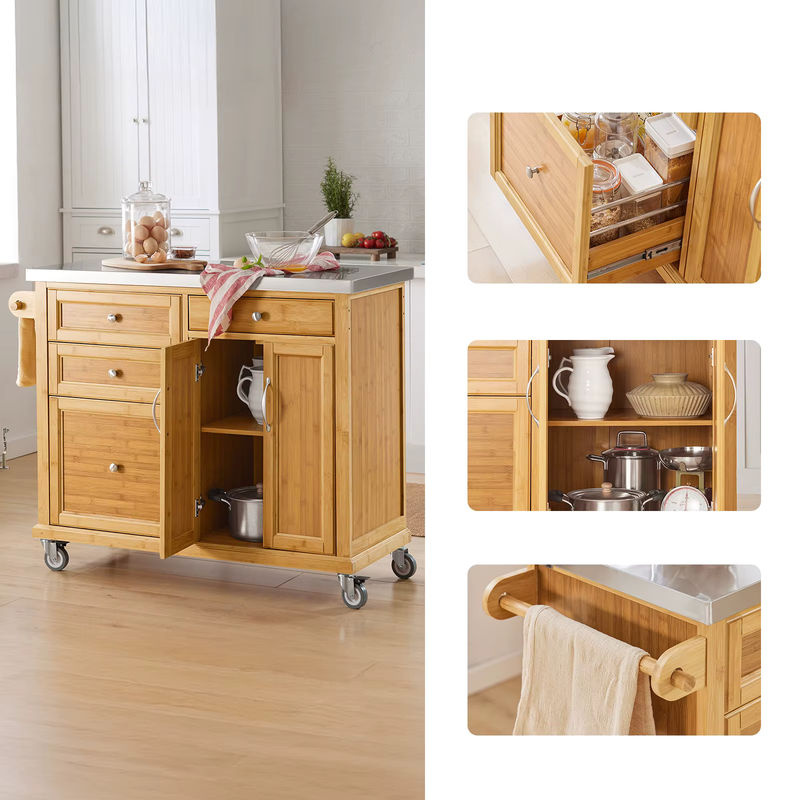 SoBuy Kücheninsel FKW70-N auf Rollen mit Edelstahl-Arbeitsplatte und Schubladen in Braun, B/T/H: 115 x 92 x 46 cm - Bild 3