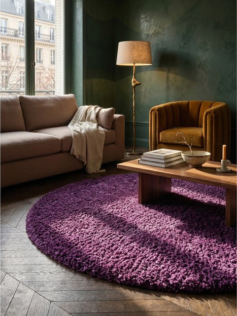 Kadima Design Hochflorteppich RHEIN, einfarbig, Violett, rund, Durchmesser: 160 cm - Bild 1