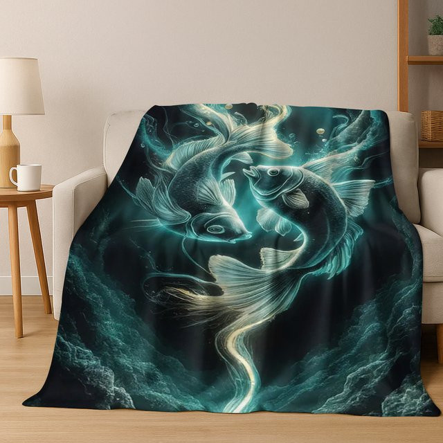 Faviora Flanelldecke mit Koi-Karpfen Yin-Yang-Design, weiche und warme Decke in Multicolour, B/T: 180 x 150 cm - Bild 1