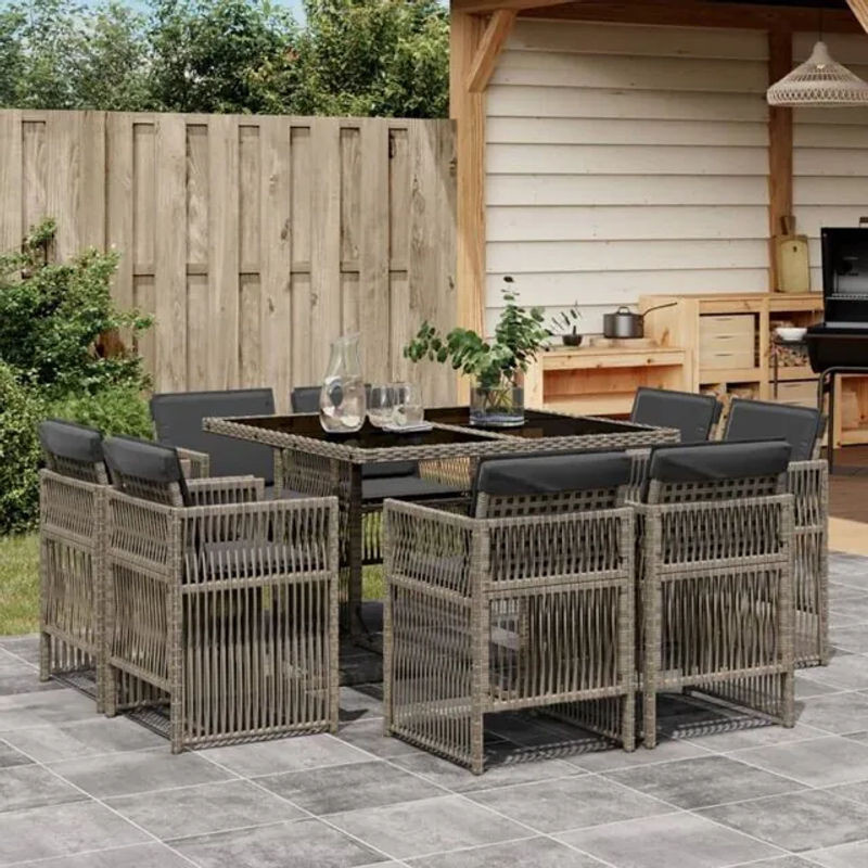 9-teilige moderne Garten-Essgruppe aus grauem Poly-Rattan mit Glasplatte und Kissen von vidaxl - Bild 1