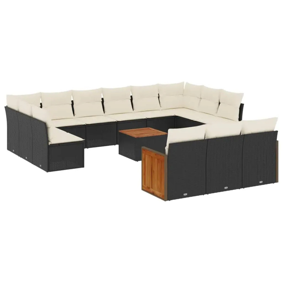 vidaXL 14-teilige Garten-Sofagarnitur aus Poly-Rattan und Akazienholz in Schwarz-Creme mit Kissen - Bild 2
