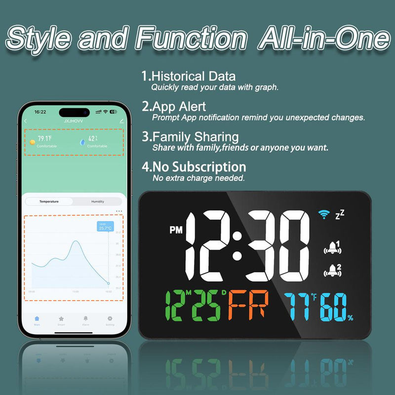 Tuya WiFi Desktop Uhr mit Kalender und intelligentem Thermometer Hygrometer, digitale LED-Anzeige, orange - Bild 4
