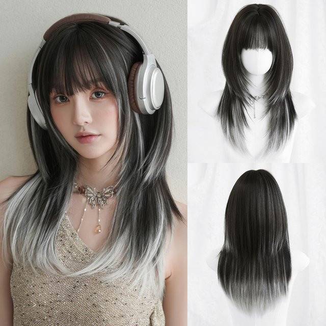 7JHH WIGS Perücke, schulterlang, glatt, schwarz-weiß Ombre, Damen - Bild 1
