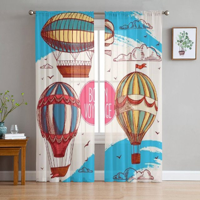 Super Six Chiffon Tüllvorhang mit Vintage Luftballons und Wolken in Braun und Bunt, Breite: 135 cm, Höhe: 114 cm - Bild 1
