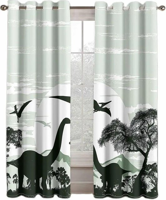 Verdunkelungsvorhang mit Cartoon Dinosaurier Motiv in Grün, 3D Digitaldruck, semi-transparent, 2er-Set, B: 55 cm, H: 120 cm - Bild 1