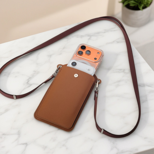 Magnetische Lederhülle mit Handy-Brieftasche und Umhängeband für iPhone 17, 16, 15, 11 in Braun - Bild 1