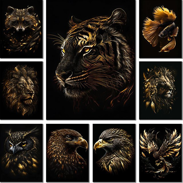 Potdemiel Wandkunst Leinwandgemälde mit Tierprint in Schwarz und Gold für dein Wohnzimmer - Bild 1