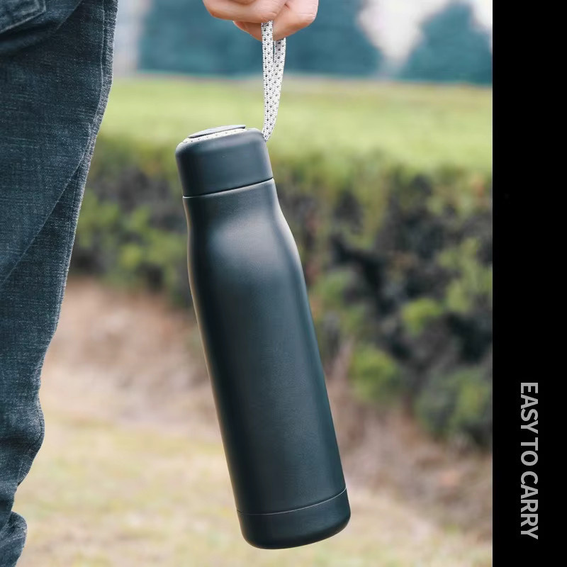 JUSTINLAU Thermosbecher Vakuumflaschen aus Edelstahl mit Seil für Outdoor-Reisen, 400 ml und 550 ml, Silber und Schwarz - Bild 3