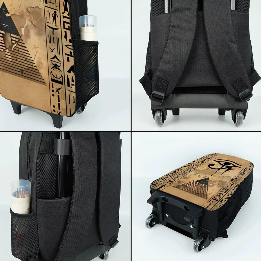 BAOERYE Schultrolley-Set mit ägyptischem Hieroglyphen-Aufdruck in Braun und Beige inklusive Rucksack, Lunchbox und Stifttasche - Bild 2