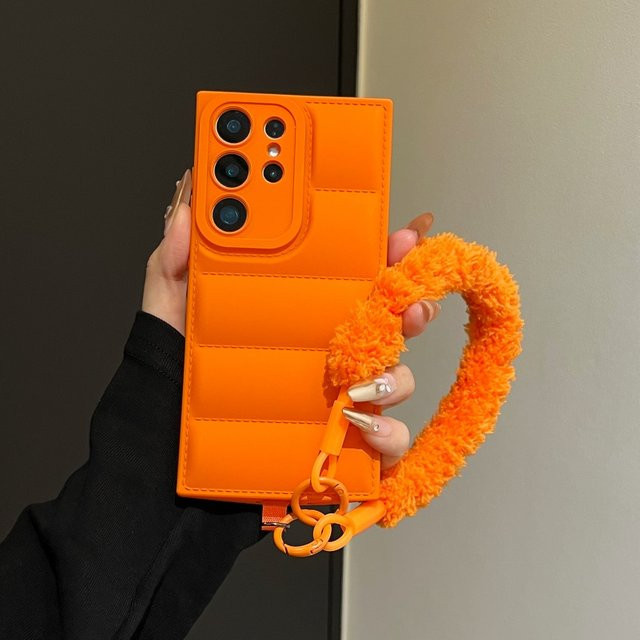 Silikon-Handyhülle mit Handschlaufe und Daunenjacken-Design für Samsung Galaxy Modelle in Orange - Bild 1