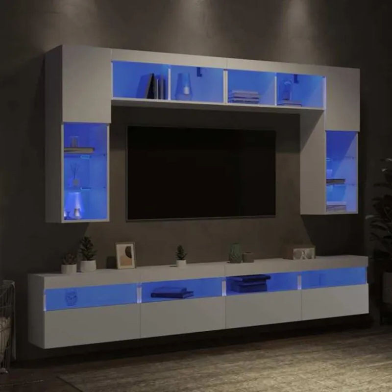 8-teilige moderne TV-Wohnwand mit LED-Leuchten von vidaxl in Weiß aus Holzwerkstoff und Glas - Bild 1