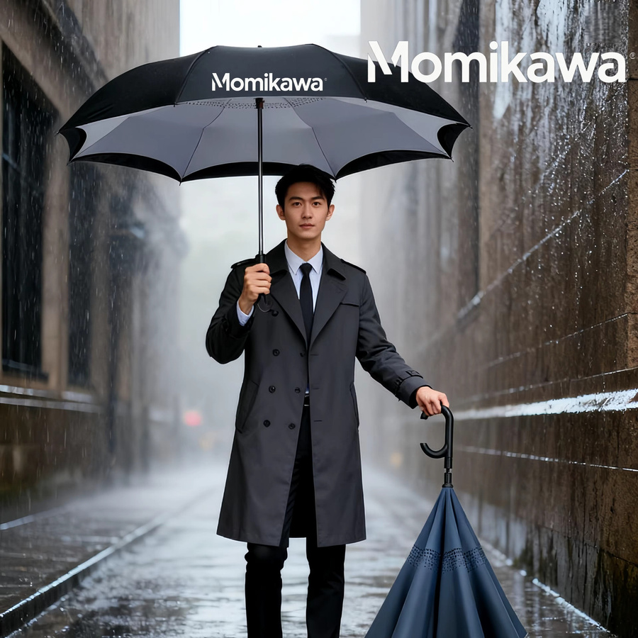 Momikawa Automatischer Windfester Regenschirm mit Langem Griff, Doppellagig und Verdickt, Blau und Schwarz - Bild 2