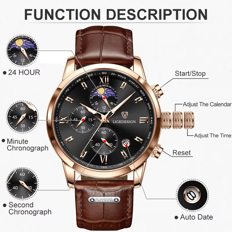 LIGE Armbanduhr Herren, Quarz, Chronograph, Leder, Schwarz, Roségold - Bild 5