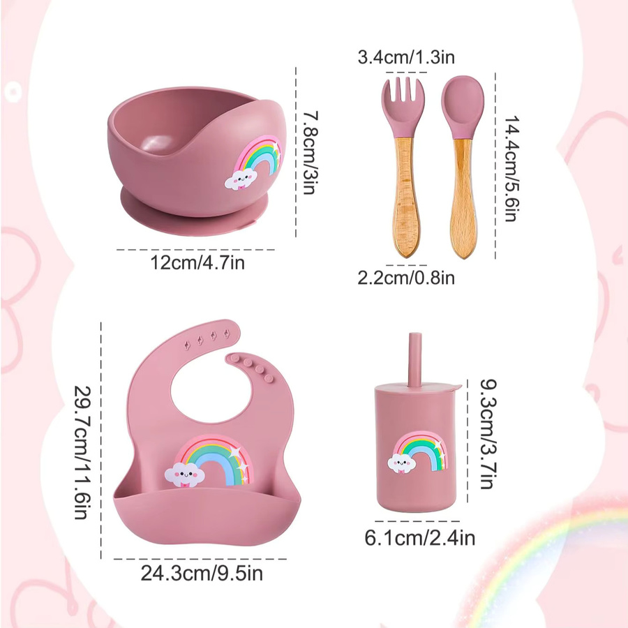 5-teiliges Baby Silikon Fütterungsset in Pink mit Schüssel, Lätzchen, Gabel und Löffel, BPA-frei - Bild 2