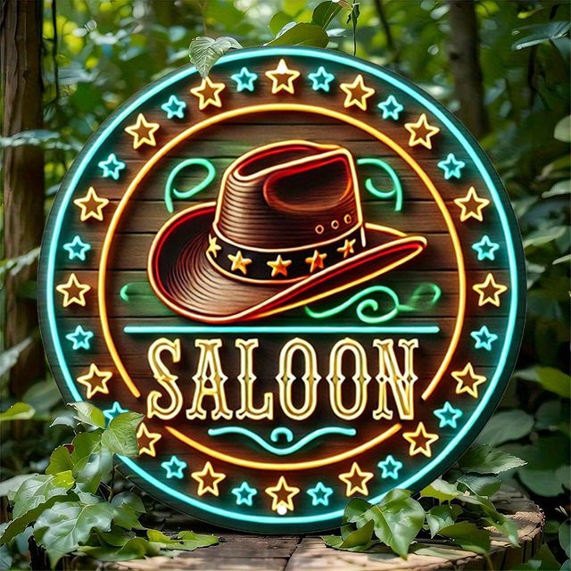 Potdemiel Retro Western Saloon Cowboyhut Rundes Metallschild mit Neonlichteffekt, Durchmesser: 20 cm, Mehrfarbig - Bild 1