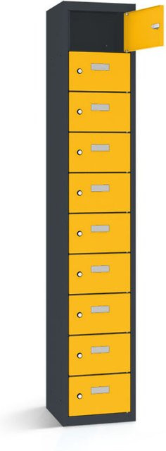 rotstahl Wertfachschrank mit 10 Fächern, gelbe Türen und anthrazitgrauem Korpus aus Stahlblech, B/T/H: 32,5 x 30 x 180 cm - Bild 1