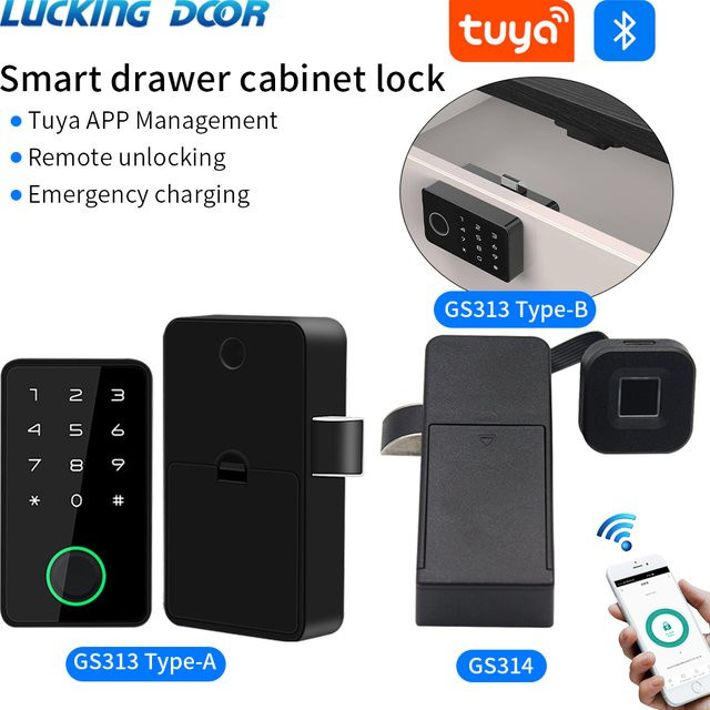 LUCKING DOOR Smart-Fingerprint Schubladenschloss mit Tuya App, elektrisches Keyless Schloss mit 13,56 MHz IC-Karte, unsichtbares Sensor-Schloss für Schränke und Möbel, Schwarz - Bild 1