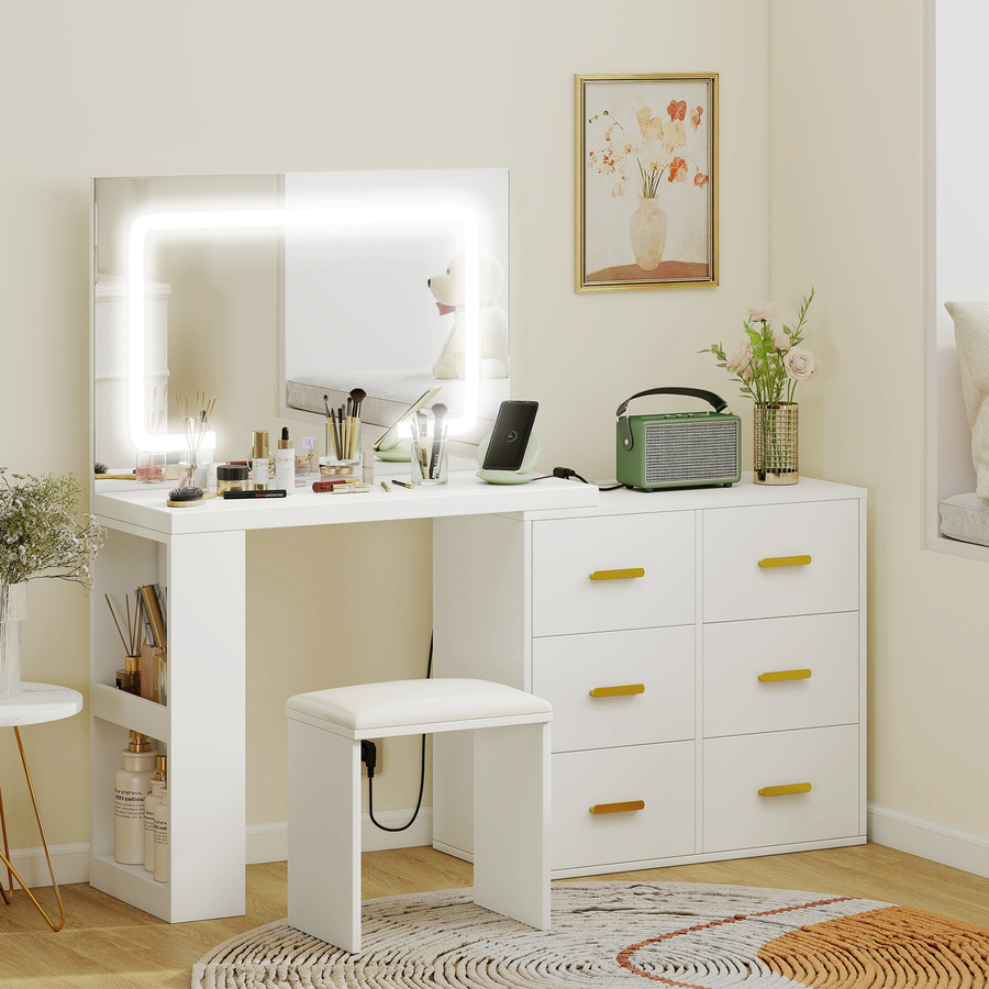 HOMCOM Coiffeuse mit Spiegel und Hocker in Weiß mit LED-Beleuchtung, 6 Schubladen und USB-Anschlüssen - Bild 2