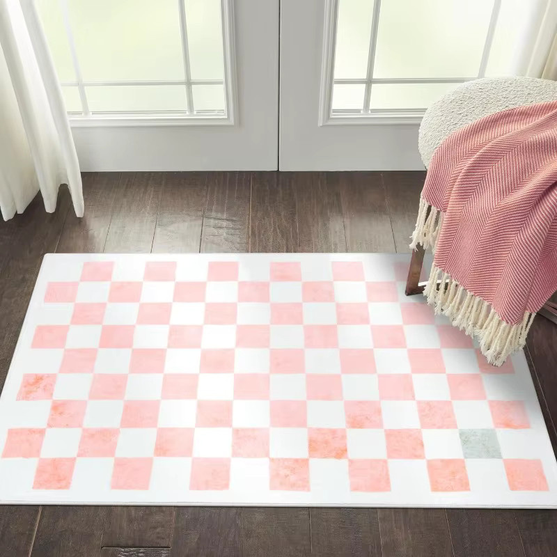 Wonnitar Karo Teppich in Rosa für Kinderzimmer und Wohnzimmer, waschbar und rutschfest im Boho-Retro-Design - Bild 2