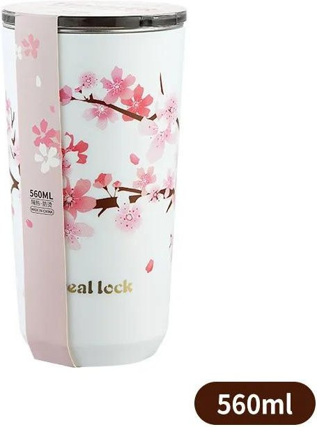 Walk Vogue Thermobecher mit Kirschblüten-Design aus Edelstahl, weiß, 360-560ml - Bild 1