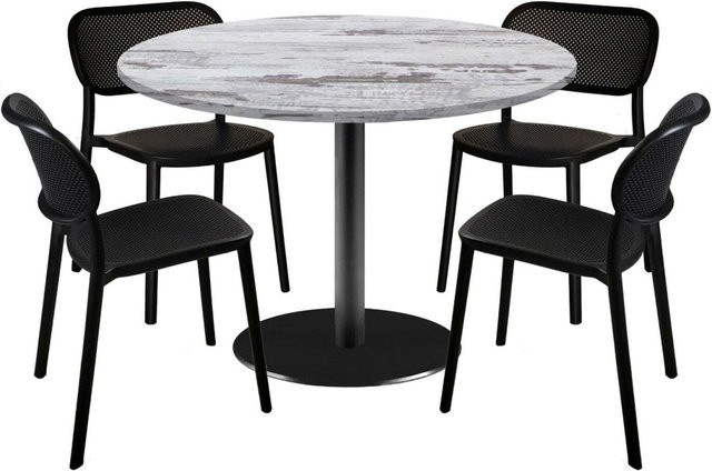 RestooTab Esstisch-Set Rome XL mit 4 Stühlen, runder Esstisch in Eiche und Weiß mit schwarzem Gestell, Durchmesser: 120 cm, Höhe: 75 cm - Bild 1