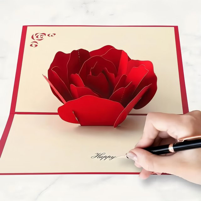 Romantische 3D Pop Up Rose Einladungskarte für Valentinstag und Hochzeit in Rot und Weiß mit Umschlag - Bild 1