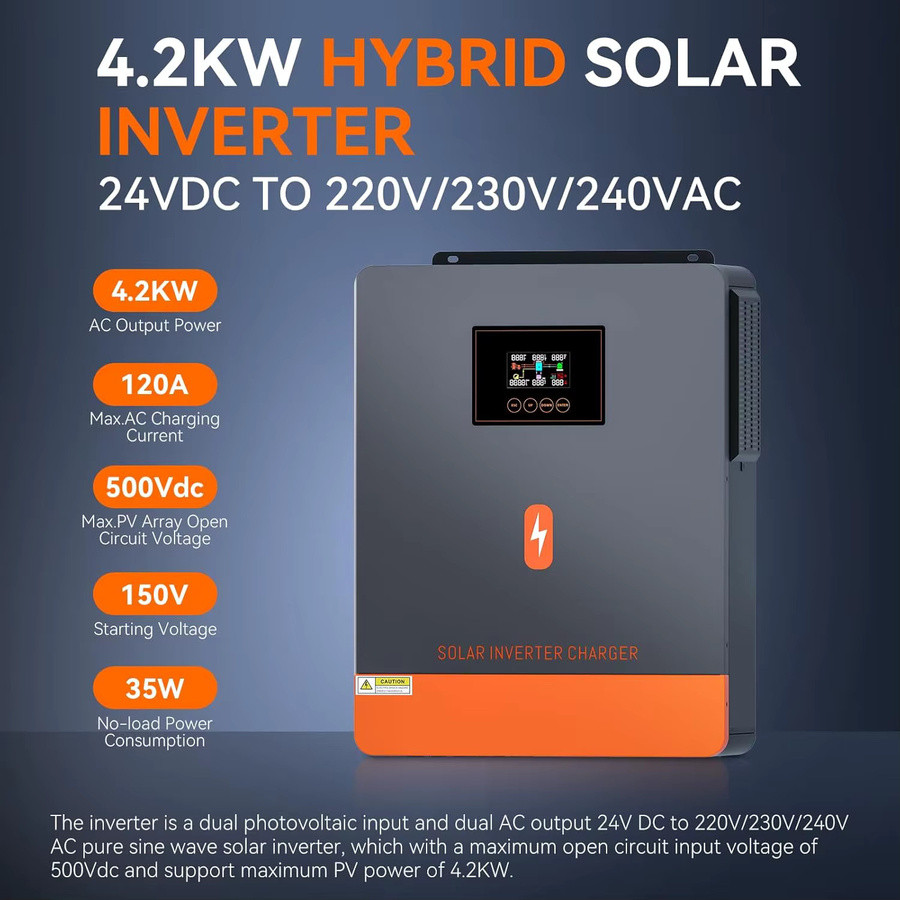 PowMr Reiner Sinus-Solarwechselrichter 4,2KW 24Vdc 230Vac mit 120A MPPT-Ladefunktion und max. 6200W 500V PV-Eingang für Solar-Backup-Systeme - Bild 2