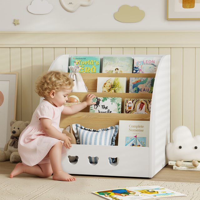 AIYAPLAY Kinderregal Spielzeugorganisator mit 4 Ebenen und verstecktem Fach in Weiß und Natur für das Kinderzimmer und Spielzimmer - Bild 1