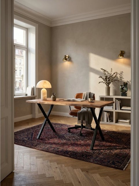 Schreibtisch aus Massivholz Akazie mit X-Gestell in Braun, B/T/H: 140 x 80 x 76 cm - Bild 1