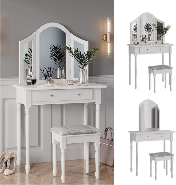 Vicco Schminktisch Kate in Weiß mit Hocker und Schminkspiegel im Antik-Stil, B: 80 cm, H: 134 cm, T: 40 cm - Bild 1