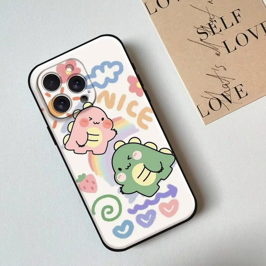 Handyhülle mit Cartoon-Dinosaurier für iPhone 11 bis iPhone 17 Modelle, Schwarzes Silikon Weichschutzcase - Bild 4