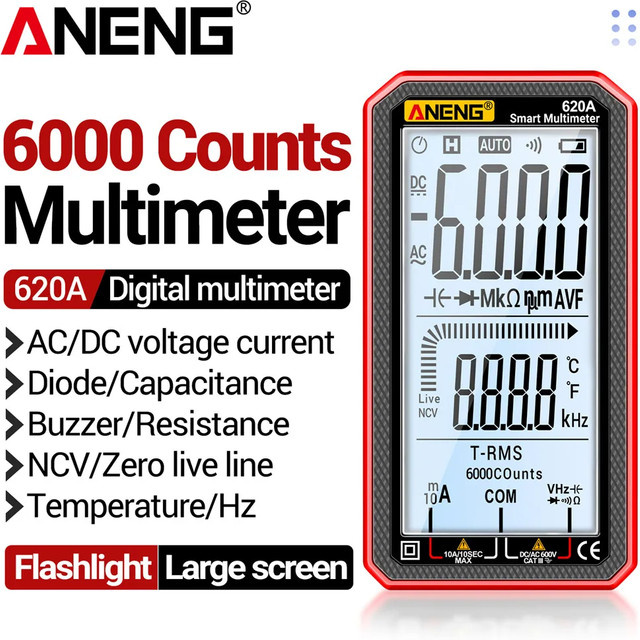 ANENG 620A Digitales Multimeter in Schwarz mit 6000 Zählungen, automatischer Bereichswahl, AC/DC Spannung, Strom, Widerstand, Kapazität, Frequenz, Temperatur, NCV und Datenhaltefunktion - Bild 1