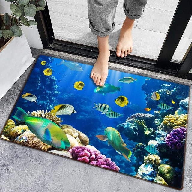 ZZ HOME 3D-Badezimmerteppich mit Unterwasserfischen in Blau, schnell saugfähige Fußmatte aus Flanell mit rutschfester Latexunterseite, B/B: 80 x 120 cm - Bild 1
